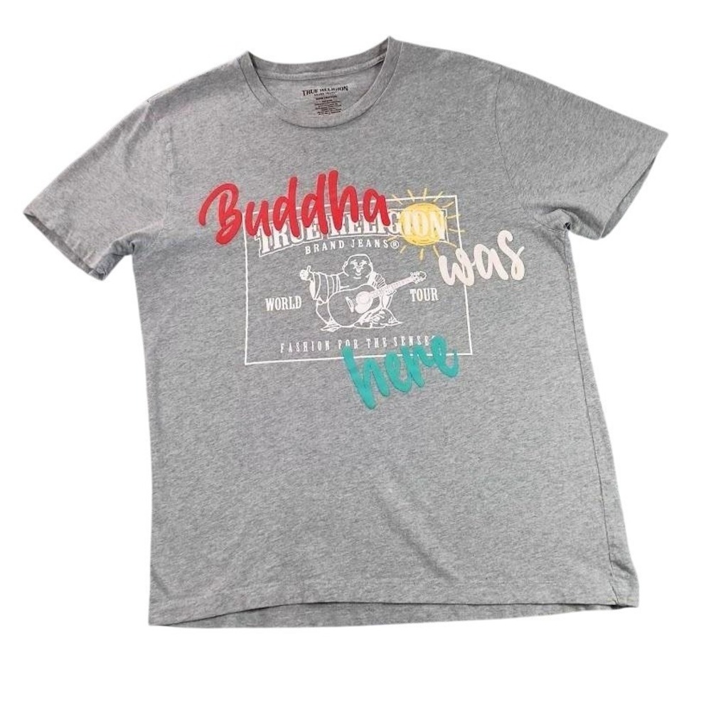 True Religion Shirt Mens Medium Gray Buddha Was Here World Tour Short Sleeve